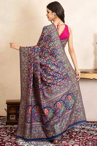navy blue handloom pure silk saree with multicolor weaving