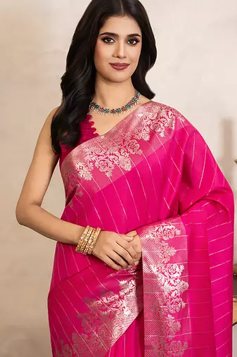 pink handloom pure silk saree with zari detailing