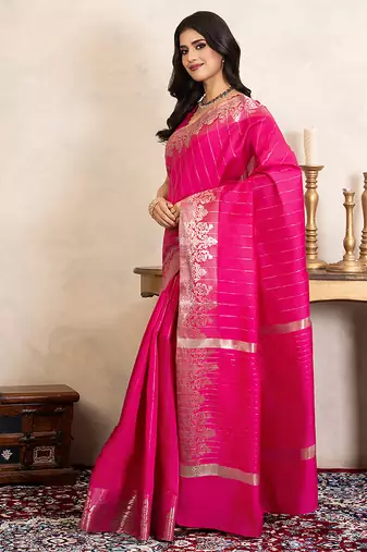 pink handloom pure silk saree with zari detailing