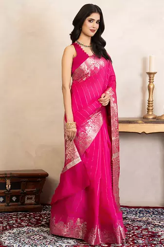 pink handloom pure silk saree with zari detailing