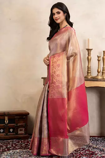 pink handloom kanchipuram silk saree with zari border