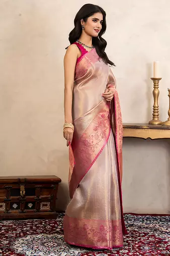 pink handloom kanchipuram silk saree with zari border