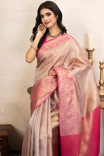 pink handloom kanchipuram silk saree with zari border
