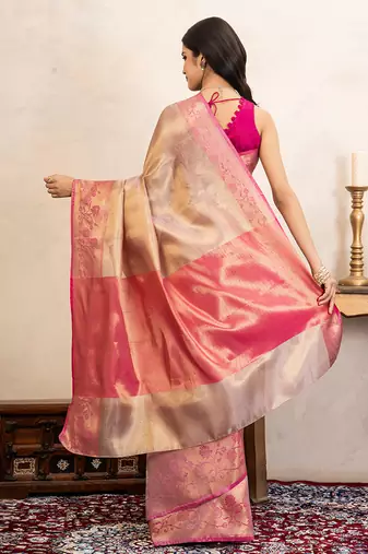 pink handloom kanchipuram silk saree with zari border