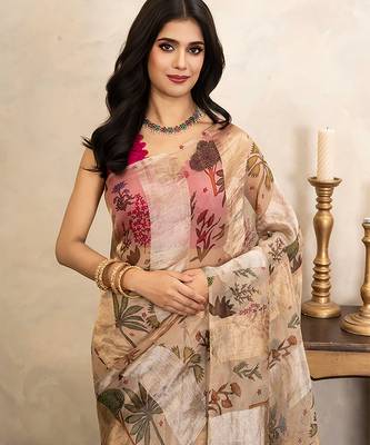 beige handloom pure organza silk saree with floral print 2