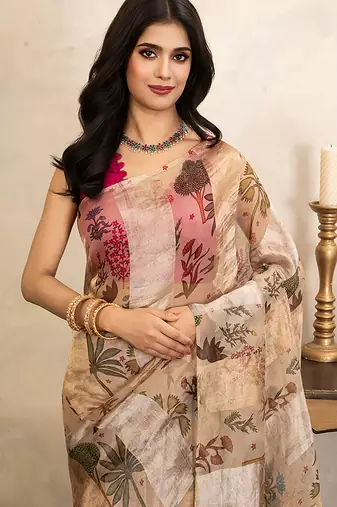 beige handloom pure organza silk saree with floral print