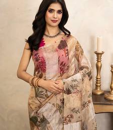 beige handloom pure organza silk saree with floral print