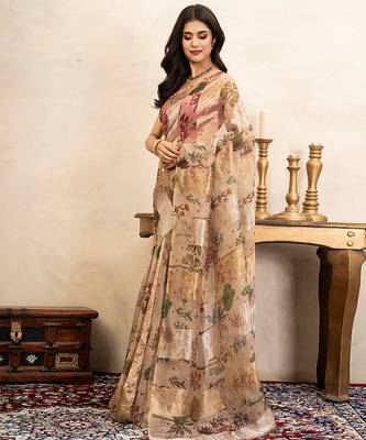 beige handloom pure organza silk saree with floral print 3