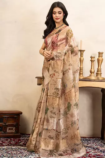 beige handloom pure organza silk saree with floral print