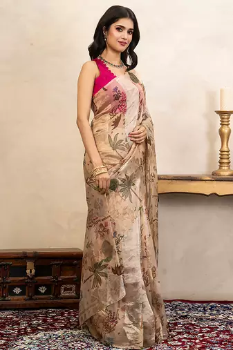 beige handloom pure organza silk saree with floral print