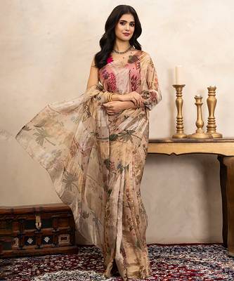 beige handloom pure organza silk saree with floral print 1