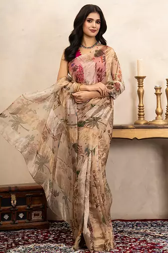 Beige handloom pure organza silk saree