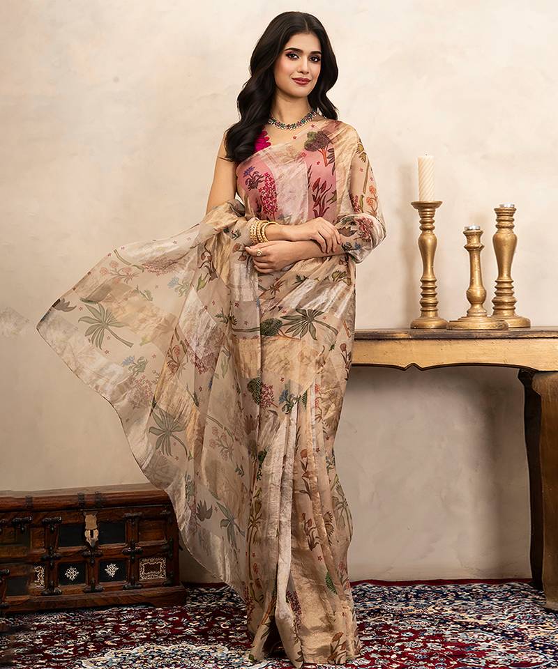 Beige handloom pure organza silk saree