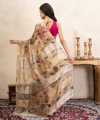 beige handloom pure organza silk saree with floral print 5