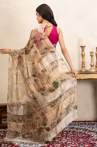 beige handloom pure organza silk saree with floral print