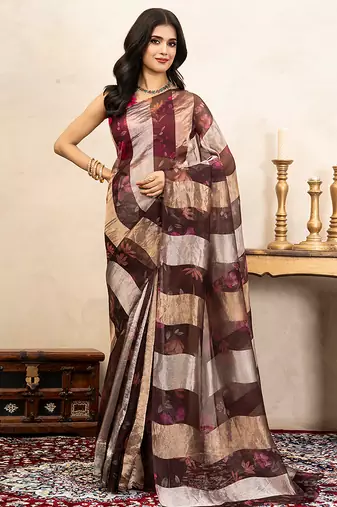 Brown handloom pure organza silk saree
