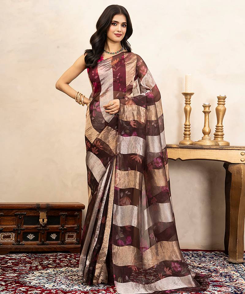 Brown handloom pure organza silk saree