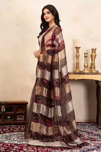 brown handloom pure organza silk saree with printed design