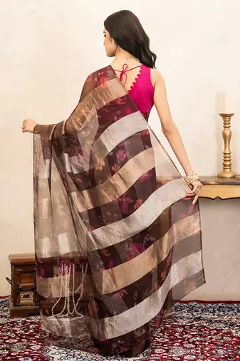 brown handloom pure organza silk saree with printed design