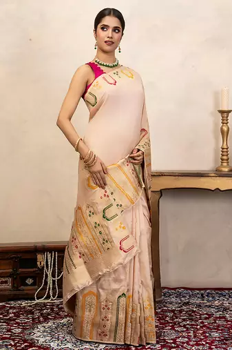 off white handloom banarasi silk saree with woven details