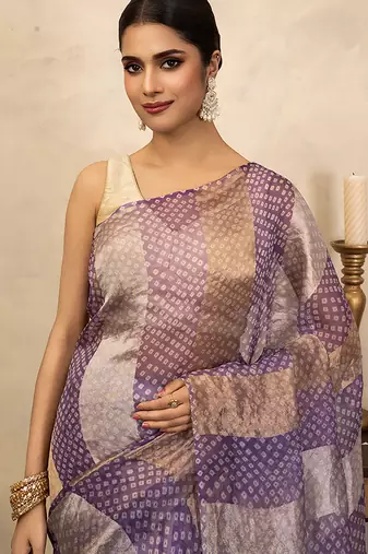 lavender handloom pure organza silk saree with woven panels