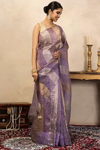 lavender handloom pure organza silk saree with woven panels