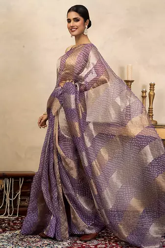 lavender handloom pure organza silk saree with woven panels