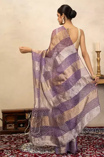 lavender handloom pure organza silk saree with woven panels