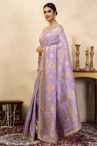 light purple handloom pure silk saree with gold zari motifs