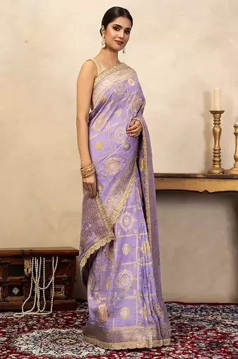 light purple handloom pure silk saree with gold zari motifs