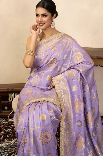 light purple handloom pure silk saree with gold zari motifs