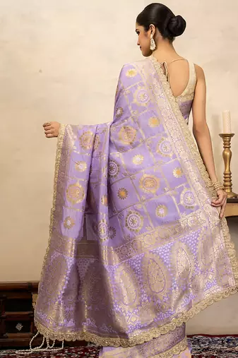 light purple handloom pure silk saree with gold zari motifs