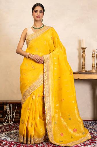 Yellow handloom banarasi silk saree