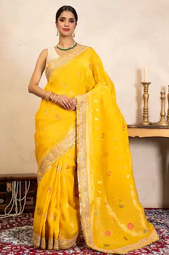 Yellow handloom banarasi silk saree