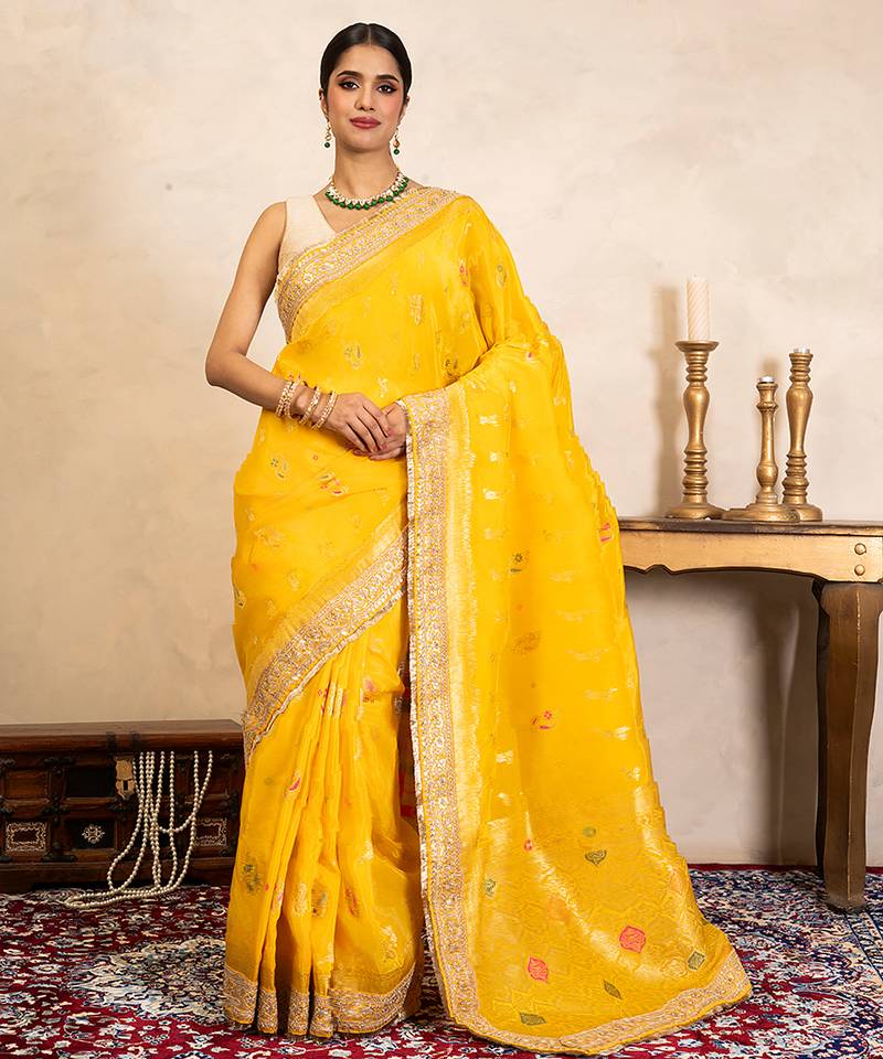 Yellow handloom banarasi silk saree