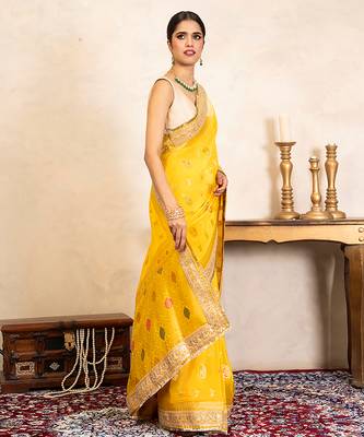 Yellow handloom banarasi silk saree 3