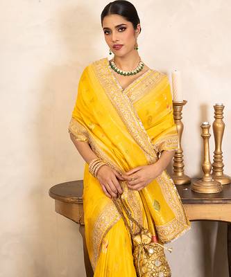 Yellow handloom banarasi silk saree 4