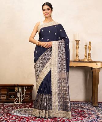 Navy blue handloom banarasi silk saree 1