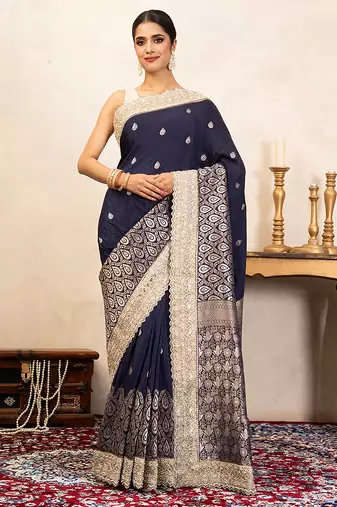 Navy blue handloom banarasi silk saree