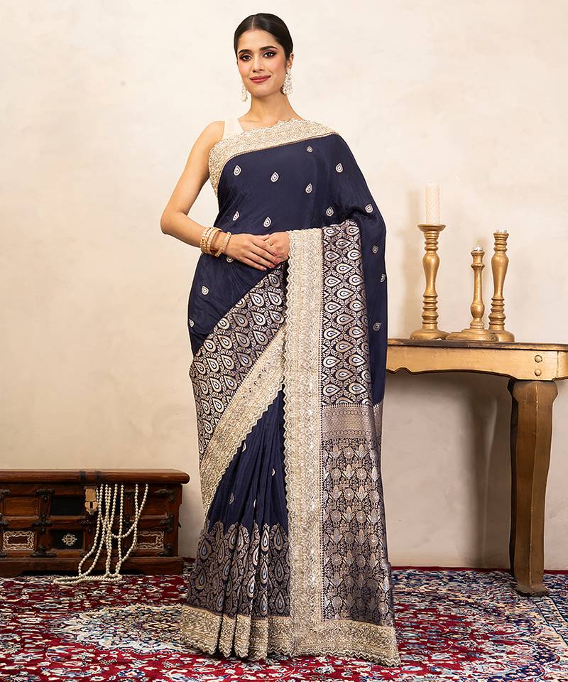 Navy blue handloom banarasi silk saree