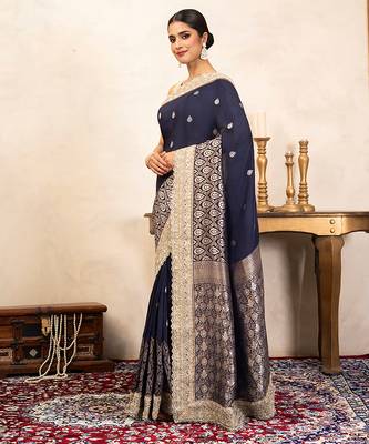 Navy blue handloom banarasi silk saree 2