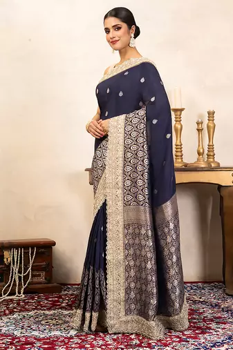 navy blue handloom banarasi silk saree with zari border