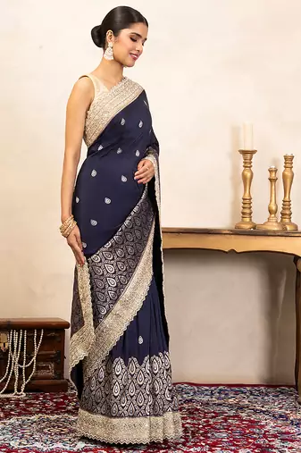 navy blue handloom banarasi silk saree with zari border