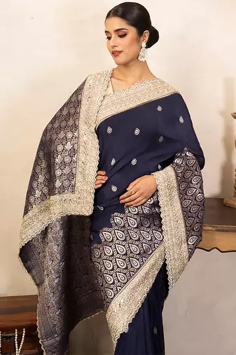 navy blue handloom banarasi silk saree with zari border