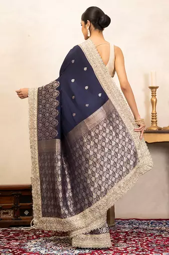 navy blue handloom banarasi silk saree with zari border