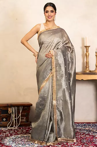 Grey handloom pure tissue silk saree