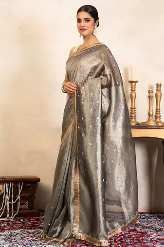 grey handloom pure tissue silk saree with subtle shimmer
