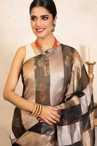 black handloom pure organza silk saree with abstract panel design