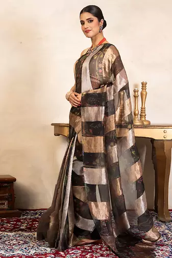 black handloom pure organza silk saree with abstract panel design