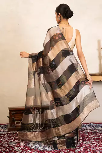 black handloom pure organza silk saree with abstract panel design